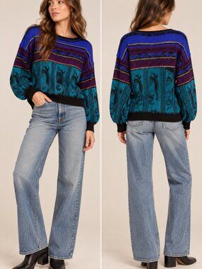 Vintage Demetre Multicolor Abstract Jacquard Wool Blend Sweater Size M